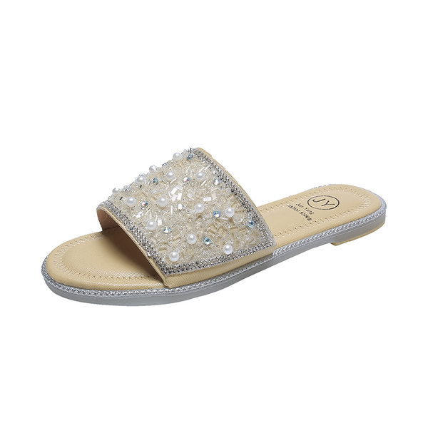 Modernas sieviešu neslīdošās čības ar pērlēm un plakanu zoli