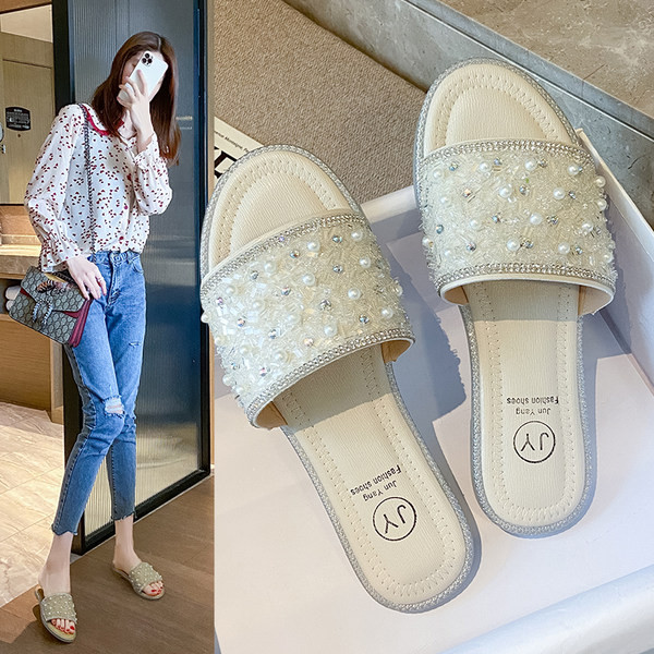 Modernas sieviešu neslīdošās čības ar pērlēm un plakanu zoli