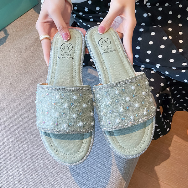 Modernas sieviešu neslīdošās čības ar pērlēm un plakanu zoli