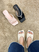 Kvadrātveida sieviešu čības no eko ādas ar pērļu rotājumu