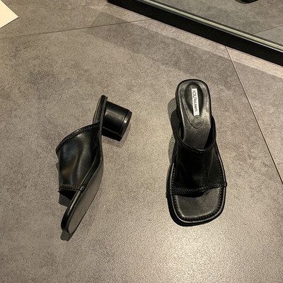 Sieviešu kvadrātveida čības no eko ādas ar augstu apaļu papēdi 6 cm