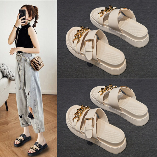 Jauns ikdienas čību modelis uz platformas ar sprādzi un metāla apdari