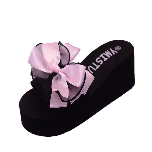 Модерни дамски чехли с панделка и тюл