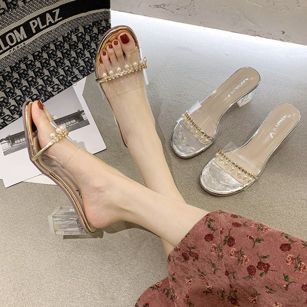 Stilīgas sieviešu čības ar caurspīdīgu papēdi un dekoratīvām pērlēm