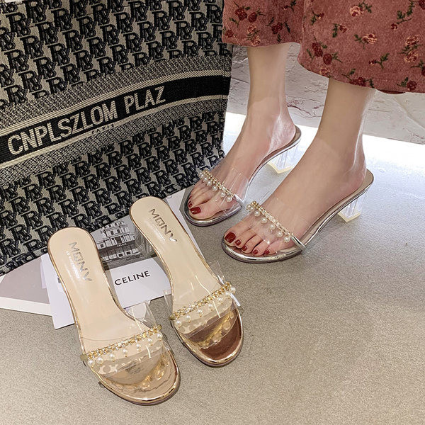 Stilīgas sieviešu čības ar caurspīdīgu papēdi un dekoratīvām pērlēm