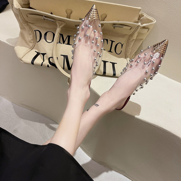 Sieviešu smailas čības ar metāla kniedēm un caurspīdīgu daļu