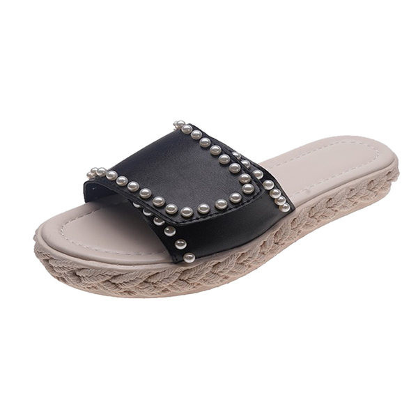 Παντόφλες μοντέρνες γυναίκες με διακοσμητικές πέρλες και επίπεδη σόλα