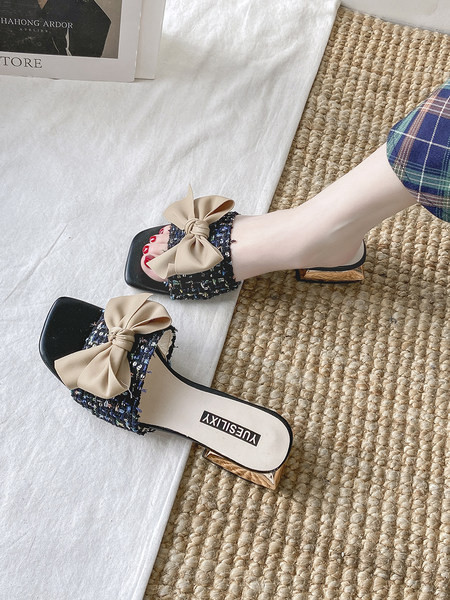 Papuci patrati casual de dama cu toc si panglica