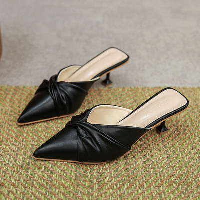 Papuci de dama din imitatie de piele cu toc subtire 5 cm