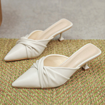 Papuci de dama din imitatie de piele cu toc subtire 5 cm