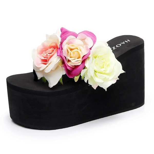 Jauns sieviešu čību modelis uz augstas platformas ar ziedu rotājumu