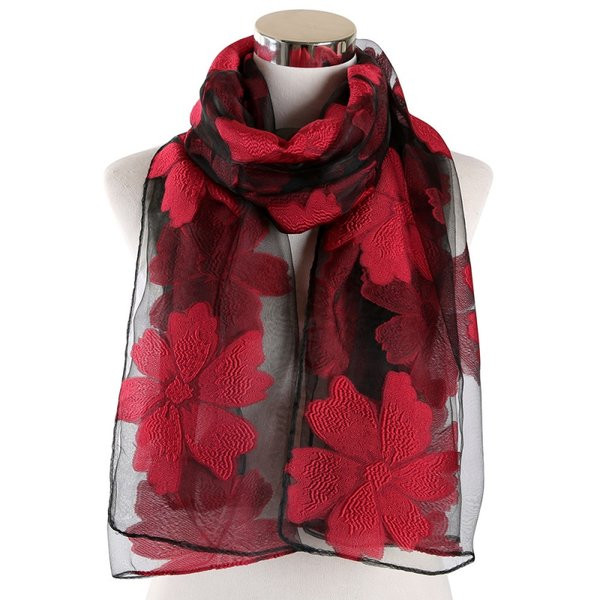 Дамски стилен шал от мрежест плат с декорация на цветя