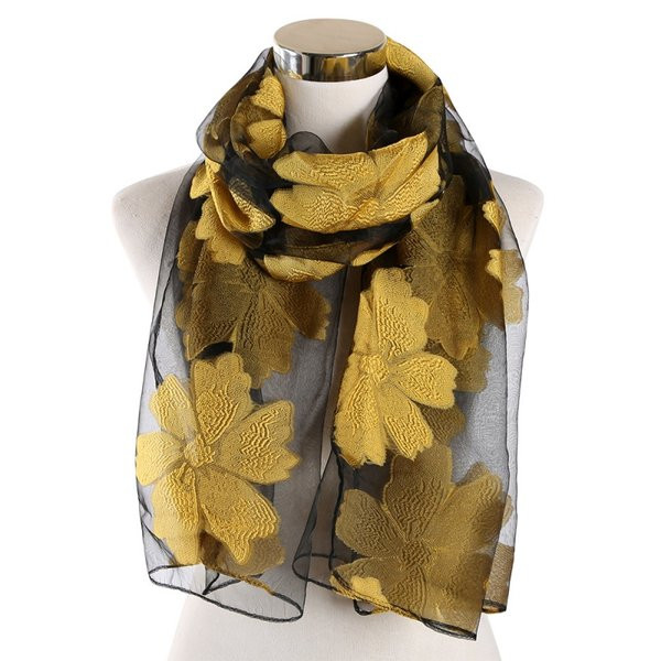 Дамски стилен шал от мрежест плат с декорация на цветя