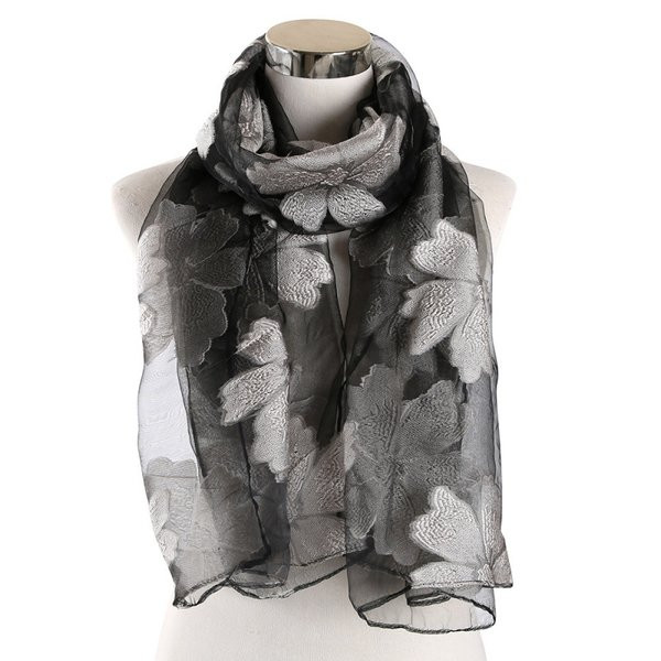 Дамски стилен шал от мрежест плат с декорация на цветя