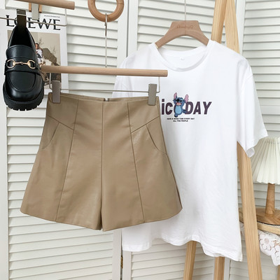 Pantaloni scurți din piele la modă cu talie înaltă