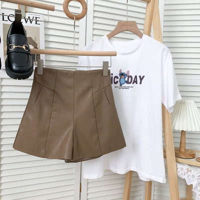 Pantaloni scurți din piele la modă cu talie înaltă