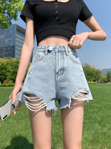 Pantaloni scurți de damă cu motive rupte și talie înaltă