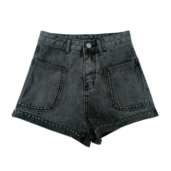 Pantaloni scurti eleganti de dama cu talie inalta si perle decorative