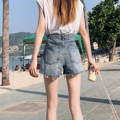 Дамски къси дънкови панталони с висока талия втален модел