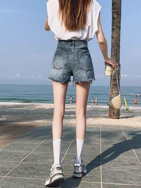 Дамски къси дънкови панталони с висока талия втален модел