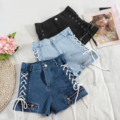 Pantaloni scurți din denim cu cravate și talie înaltă