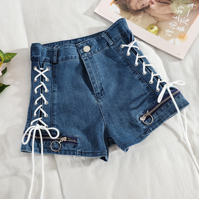 Pantaloni scurți din denim cu cravate și talie înaltă