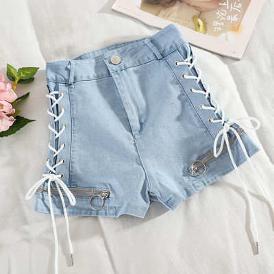 Pantaloni scurți din denim cu cravate și talie înaltă