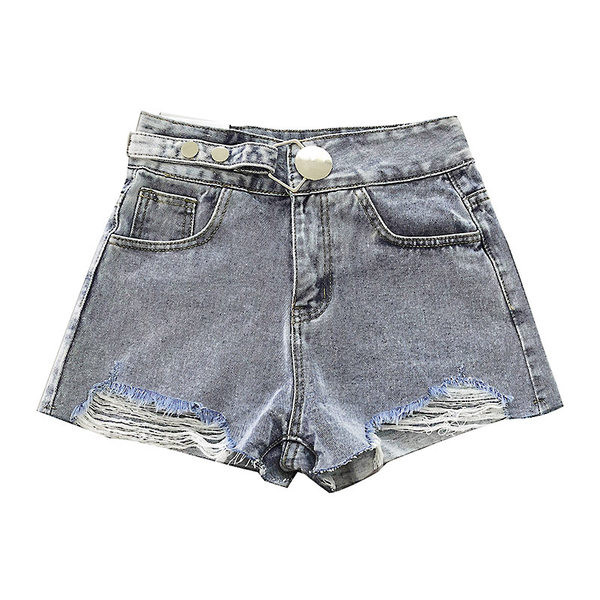 Īsi džinsi ar kabatām un saplēstiem motīviem zilā krāsā