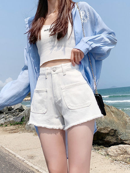 Balti džinsa šorti sievietēm ar kabatām