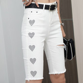 Pantaloni moderni de dama din denim cu motive rupte lungime 3/4