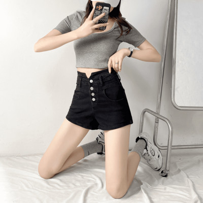 Pantaloni scurți din denim de damă cu talie înaltă și nasturi