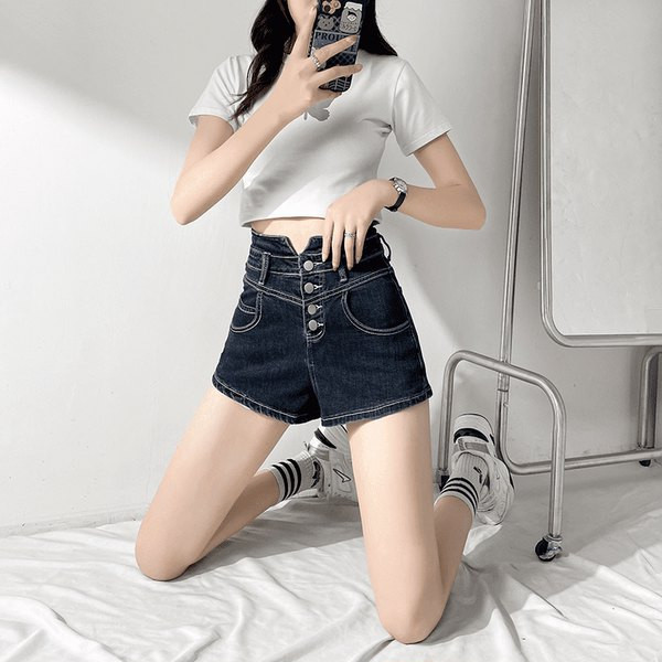 Pantaloni scurți din denim de damă cu talie înaltă și nasturi