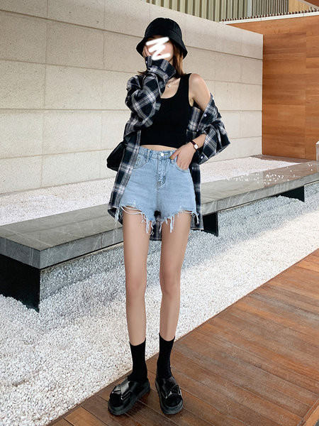 Model nou de pantaloni scurți casual cu talie înaltă din denim