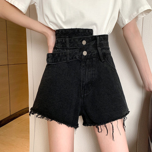 Sieviešu šorti ar augstu vidukli melnā un zilā krāsā