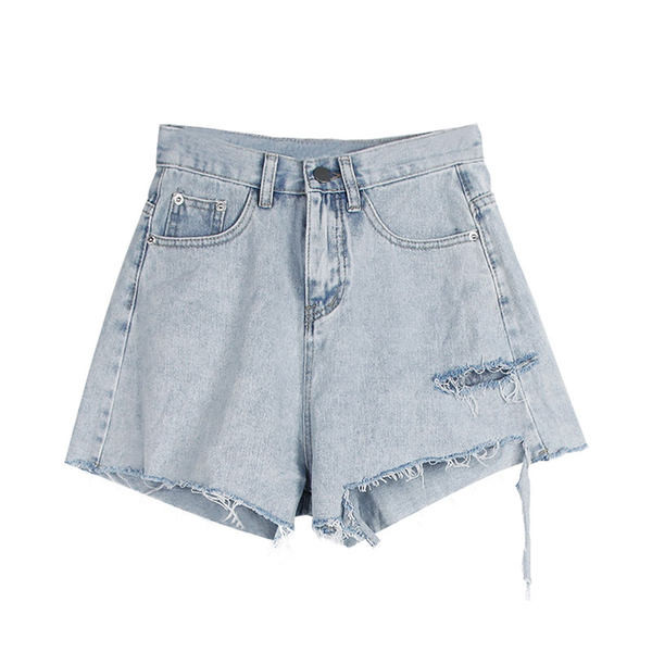 Sieviešu džinsa šorti ar augstu vidukli un saplēstiem motīviem