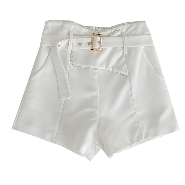 Pantaloni scurti de dama de vara model nou cu centura si perle in alb si negru