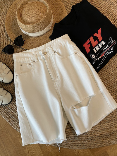 Sieviešu džinsa šorti ar platām kājām un šķēlumu