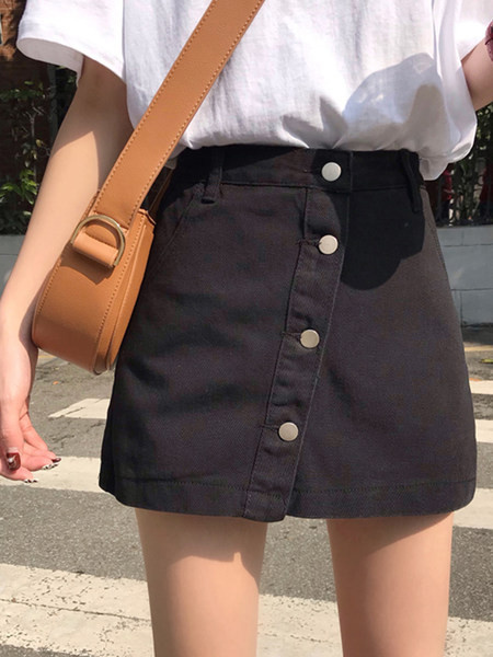 Fusta-pantaloni din denim model actual cu nasturi si talie inalta