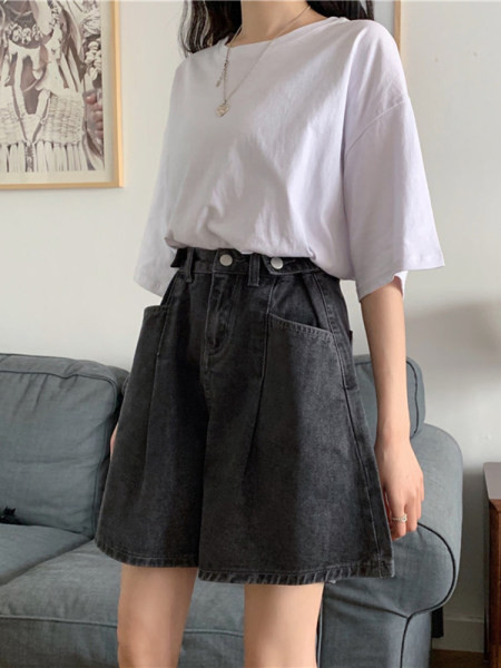 Pantaloni scurți casual de damă din denim cu talie înaltă model larg