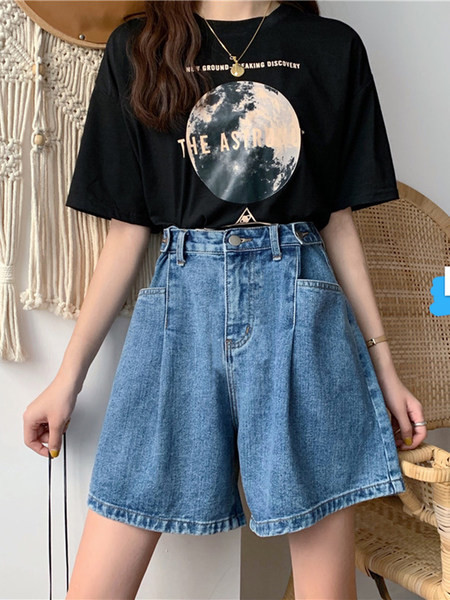 Pantaloni scurți casual de damă din denim cu talie înaltă model larg