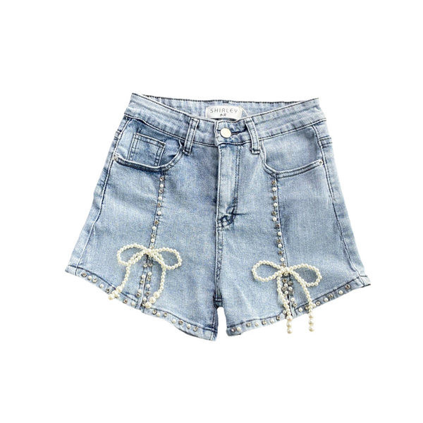 Sieviešu džinsa šorti ar pērlēm un lentītēm