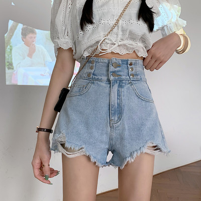 Pantaloni scurți de damă cu talie înaltă și nasturi cu motive rupte