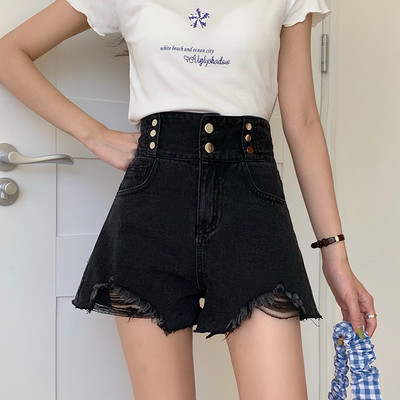 Pantaloni scurți de damă cu talie înaltă și nasturi cu motive rupte