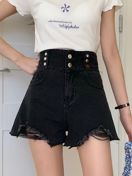 Pantaloni scurți de damă cu talie înaltă și nasturi cu motive rupte