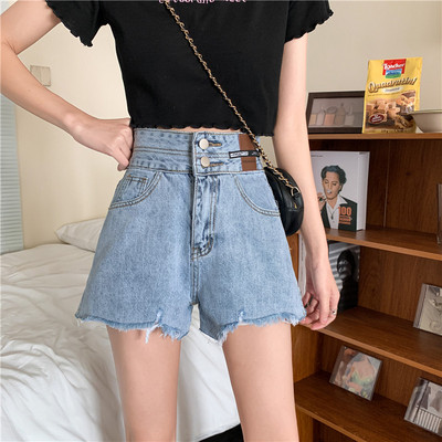 Pantaloni scurti de dama din denim cu talie inalta si motive rupte