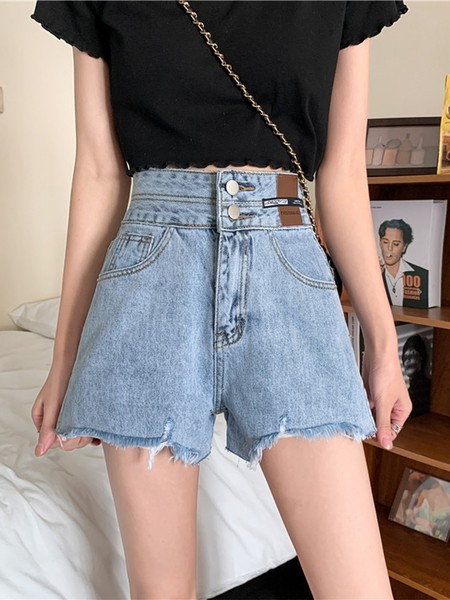 Pantaloni scurti de dama din denim cu talie inalta si motive rupte