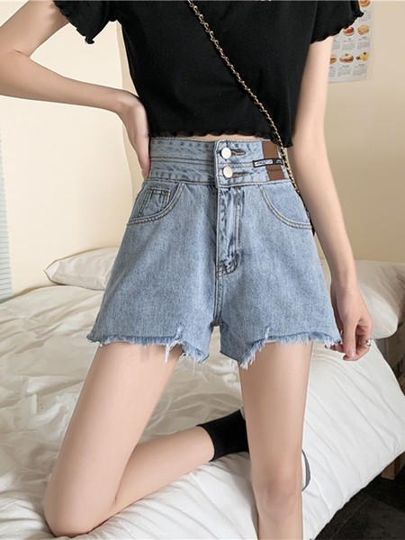 Pantaloni scurti de dama din denim cu talie inalta si motive rupte