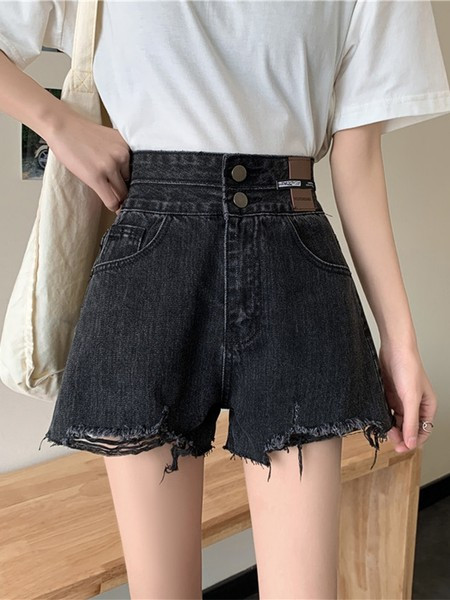 Pantaloni scurti de dama din denim cu talie inalta si motive rupte