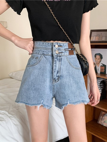 Pantaloni scurti de dama din denim cu talie inalta si motive rupte