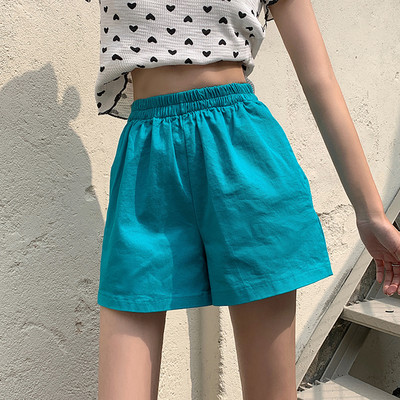 Pantaloni scurti de dama cu talie inalta model uni cu buzunare